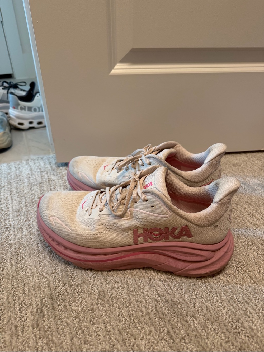Hoka Women's Cream and Pink Platform Running Shoes